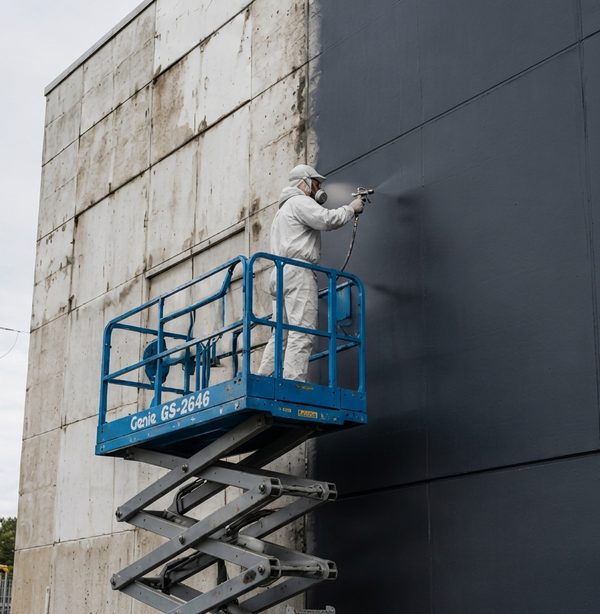 Utvendig industrimaling av betongfasade fra lift – TakMoseFri